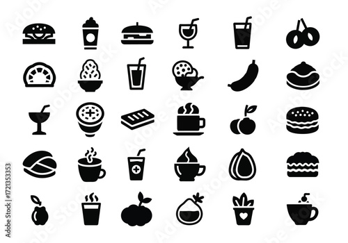 A collection of food and drink icons, including burgers, ice cream, coffee, fruits, and beverages, isolated on a