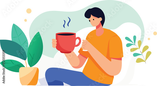 Man sipping coffee while reading a book, seated comfortably in a cozy setting.
