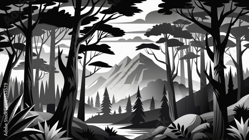 Vector illustration of black and white forest trees silhouette graphic design, dramatic landscape shapes, stylish contrast, perfect for outdoor-themed branding, posters, or nature-inspired artworks.