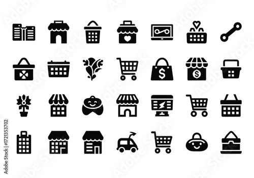 Collection of black shopping and ecommerce icons on a, representing various aspects of online and physical retail