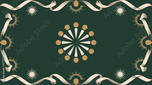 A decorative green background with a central circular design and ribbon border elements present all around