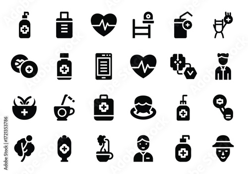 Collection of medical and healthcare icons, including a heart monitor, hospital bed, medicine bottle, stethoscope, and doctor