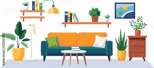 Wallpaper Mural Cozy living room featuring a sofa, bookshelf, lamp, and potted plants, creating a warm and inviting atmosphere. Torontodigital.ca