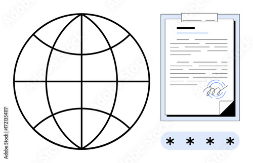 Globe next to signed document on clipboard with password line. Ideal for data security, online verification, globalization, legal processes, compliance, digital contracts. Simple flat metaphor