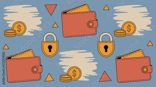 Illustration of wallets coins locks and triangles on a blue background in a repeating pattern