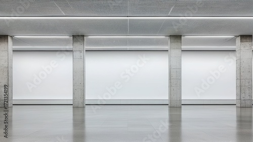 A spacious, minimalist room with a high ceiling, large windows, and concrete pillars.