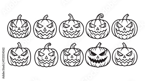 Ten spooky halloween jack-o-lantern faces with scary expressions line art silhouette