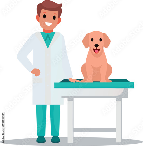 A veterinarian with a dog on a table, illustrated in a vibrant vector style, emphasizing animal care.