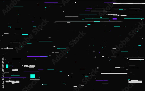 Glitch background with color distortion lines on black. Futuristic digital noise texture for tech design. Error video signal effect. Abstract cyber theme. TV overlay problem. Vector Illustration.