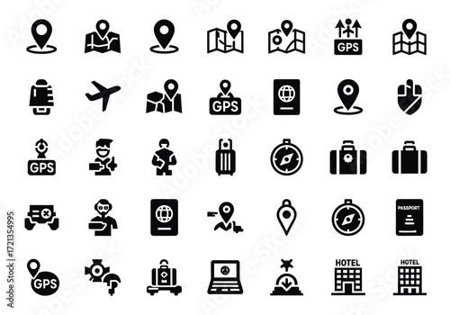 Collection of travel and navigation icons, including maps, gps, airplanes, passports, luggage, and compasses