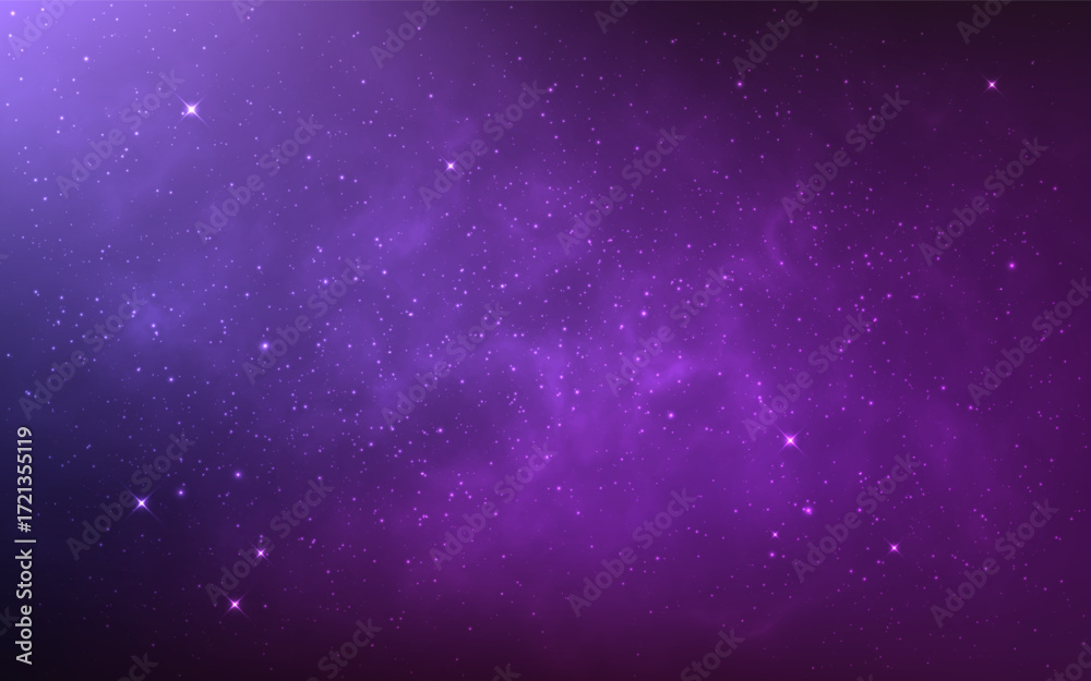 Fototapeta premium Nebula background with glowing stardust. Purple galaxy with bright stars. Realistic starry cosmos texture. Color space wallpaper. Cosmic banner template. Vector Illustration.
