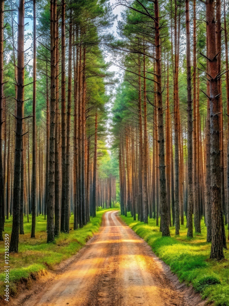 Fototapeta premium Forest road winding through dense pine forest with tall trees on both sides and a dirt path leading into the woods