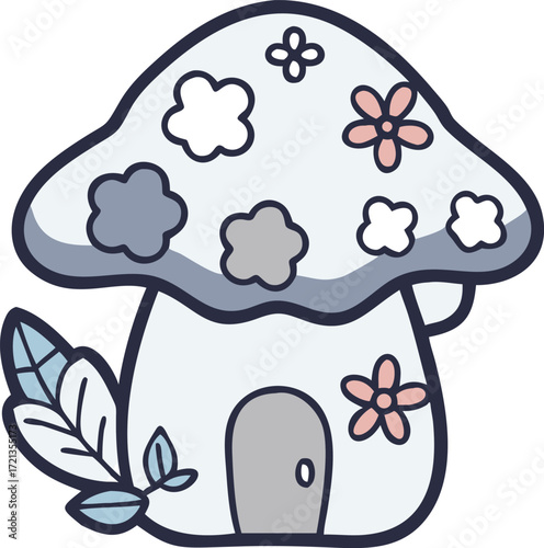 A delightful mushroom house featuring blooming flowers, creating a fairy-tale atmosphere.