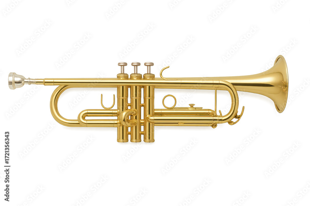 Obraz premium Shiny golden trumpet isolated on transparent background, brass instrument