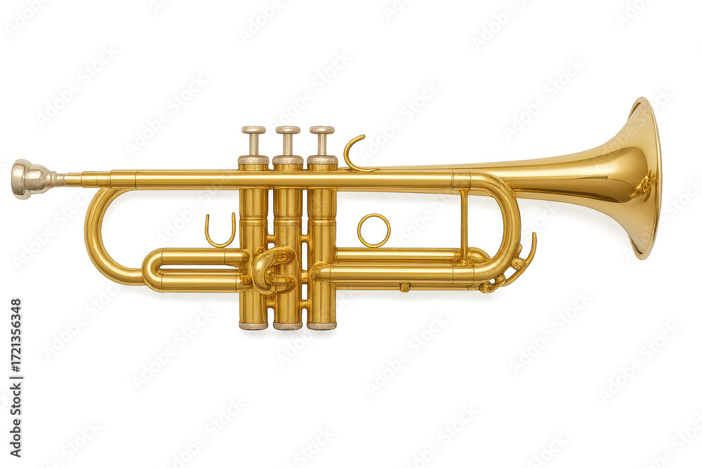 Fototapeta premium Golden trumpet isolated on transparent background, brass instrument, musical