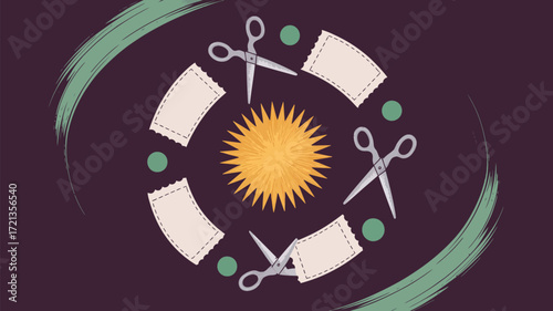 Illustration of scissors coupons and green dots arranged around a central yellow sunburst shape
