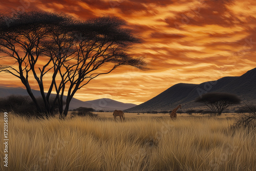 A serene savannah landscape at sunset, with the sky ablaze in deep oranges and reds