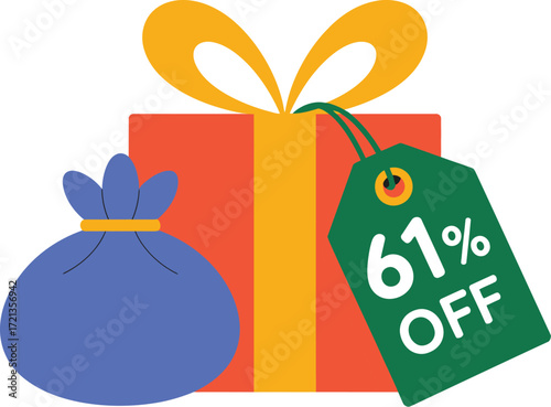 Red gift box with blue bag and sixty one percent off