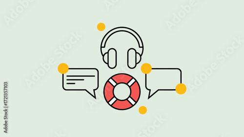 Illustration of headphones, life preserver, and speech bubbles on a light background with yellow dots
