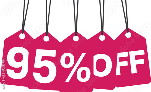 Five pink tags showing ninety five percent off