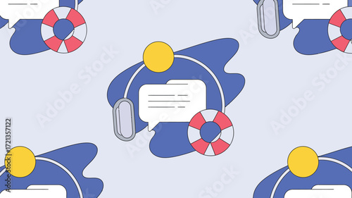 Pattern of speech bubbles life preservers and yellow circles on a light blue and dark blue background