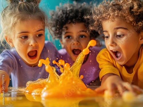 Children enjoying a colorful splash of orange liquid during a playful activity indoors