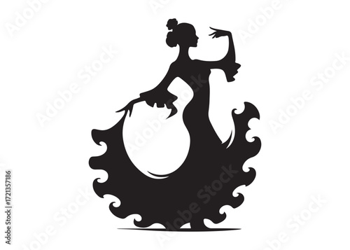 flamenco dancer logo silhouette vector, woman  flamenco dress dancing vector silhouette, flamenco dance silhouette vector, traditional flamenco dancer logo silhouettes vector on white background