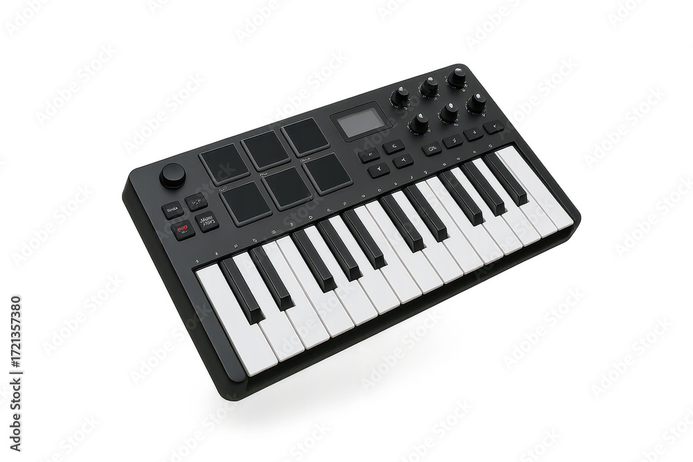 Fototapeta premium Black MIDI keyboard controller isolated on transparent background for music.