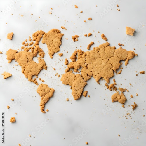 A creative world map made from cookie crumbs scattered on a white background, symbolizing global food culture, diversity, and international connection