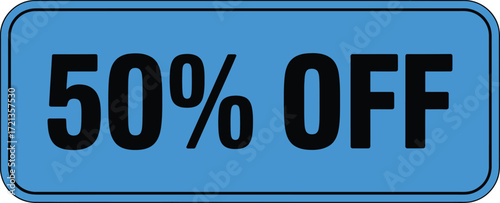 A blue fifty percent off sign on a white background