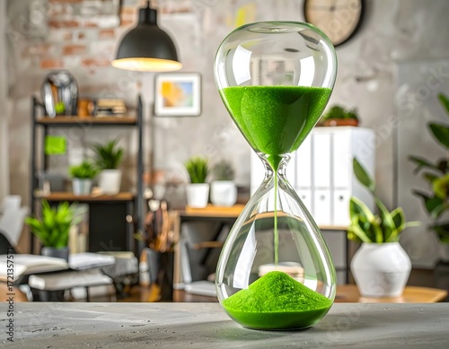 Elegant hourglass with green sand on rustic shelf high resolution photo
