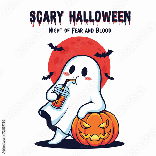 A cute ghost drinks a halloween cocktail while sitting on a jackolantern, isolated on white background scary halloween night of fear and blood