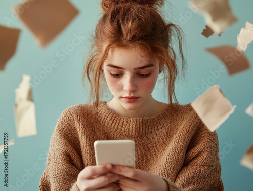 Young girl focused on smartphone surrounded by floating papers in a minimalist blue room
