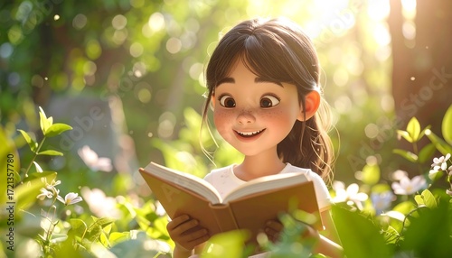 Cartoon girl reading book in garden