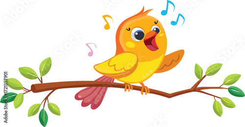 A cartoon bird joyfully singing on a branch, surrounded by green leaves and a bright blue sky.
