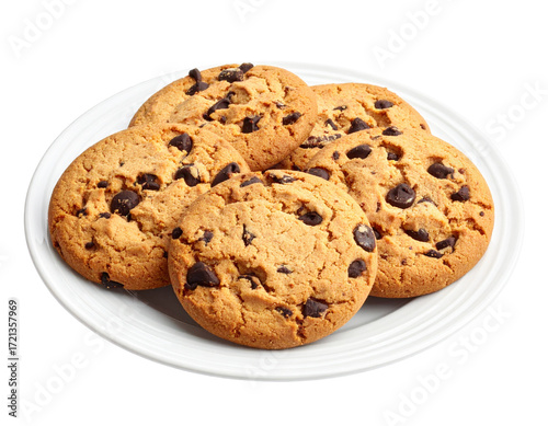 A plate holds freshly baked chocolate chip cookies against a white background