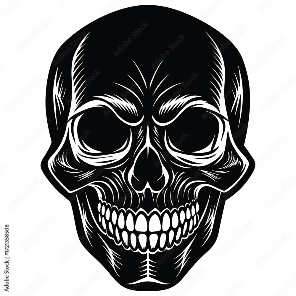 Fototapeta premium Menacing black and white skull illustration, vector image isolated on white