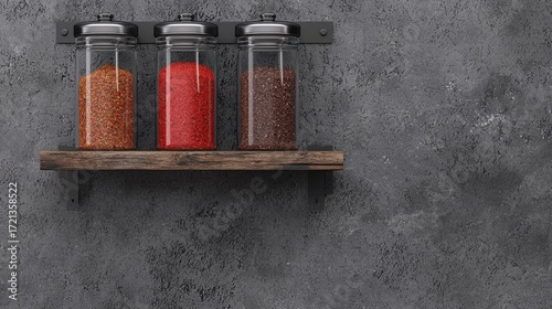 Fototapeta Naklejka Na Ścianę i Meble -  A wooden shelf with three glass jars of different colored spices.