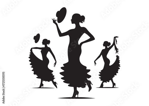 flamenco dancer logo silhouette vector, woman  flamenco dress dancing vector silhouette, flamenco dance silhouette vector, traditional flamenco dancer logo silhouettes vector on white background