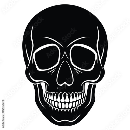 Illustration of a black skull with white teeth