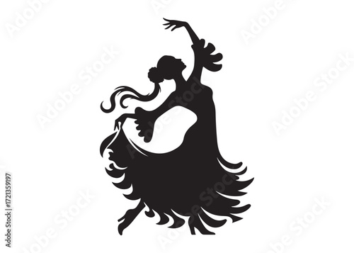 flamenco dancer logo silhouette vector, woman  flamenco dress dancing vector silhouette, flamenco dance silhouette vector, traditional flamenco dancer logo silhouettes vector on white background
