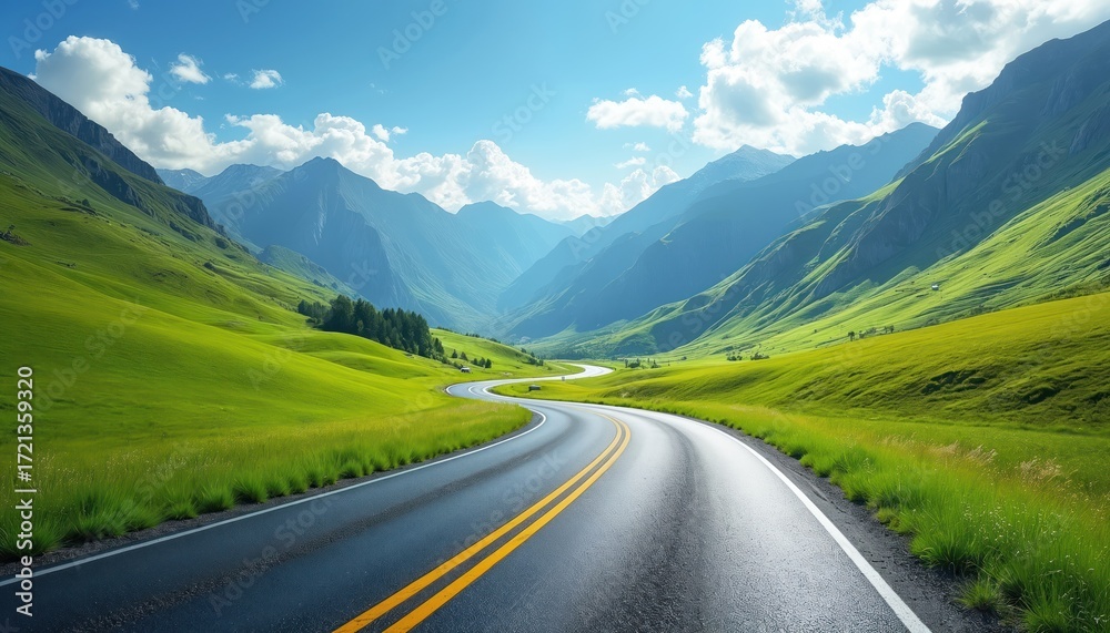 Fototapeta premium Winding asphalt road traverses vibrant green hills and majestic mountains under a bright summer sky. Scenic route for travel and adventure, symbolizing freedom and exploration.