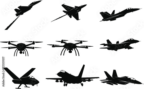 Aircraft silhouette vector set, fighter jet icons, drone illustrations, military aviation graphic, unmanned aerial vehicles, black aircraft shapes, editable EPS