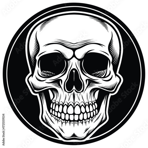 Detailed skull illustration in black and white with a circular background