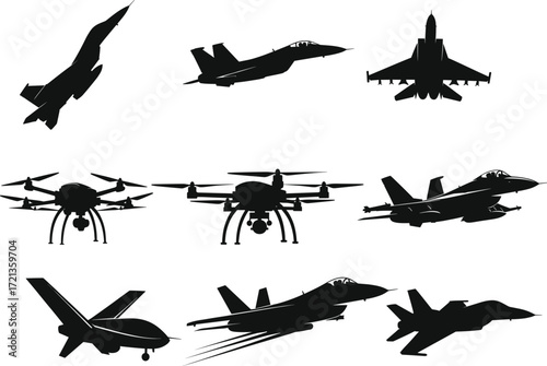Aircraft silhouettes vector set, fighter jets, military drones, aviation icons, unmanned aerial vehicles, war planes, black shapes, isolated white background