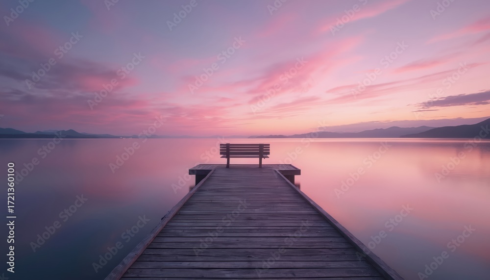 Fototapeta premium Wooden dock extends into calm lake at dawn. Pink, purple sky reflects on water. Bench on pier at sunset, sunrise, calm lake, creating serene, peaceful scene. Tranquil nature, harmony, meditation,