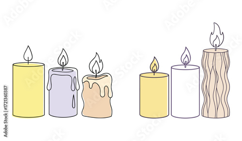 Six lit candles with pastel colors and outline drawing style flame fire