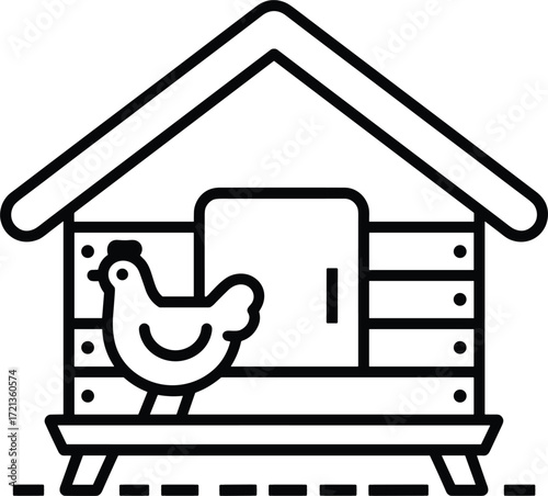 Black outline icon of a chicken coop with a chicken standing outside hen house poultry