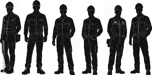 Construction worker silhouettes, industrial labor force, safety gear, hard hats, vector illustration, black uniform, occupational icons, workforce concept, editable stock graphic