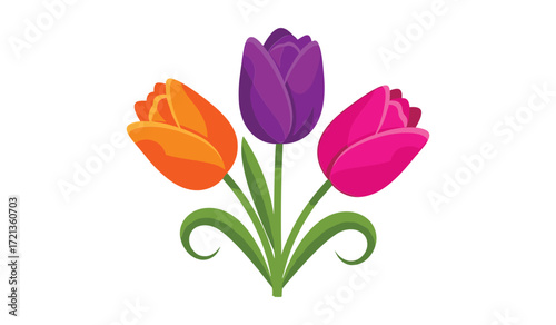 Three colorful tulips orange purple pink with green stems and leaves flower flowers